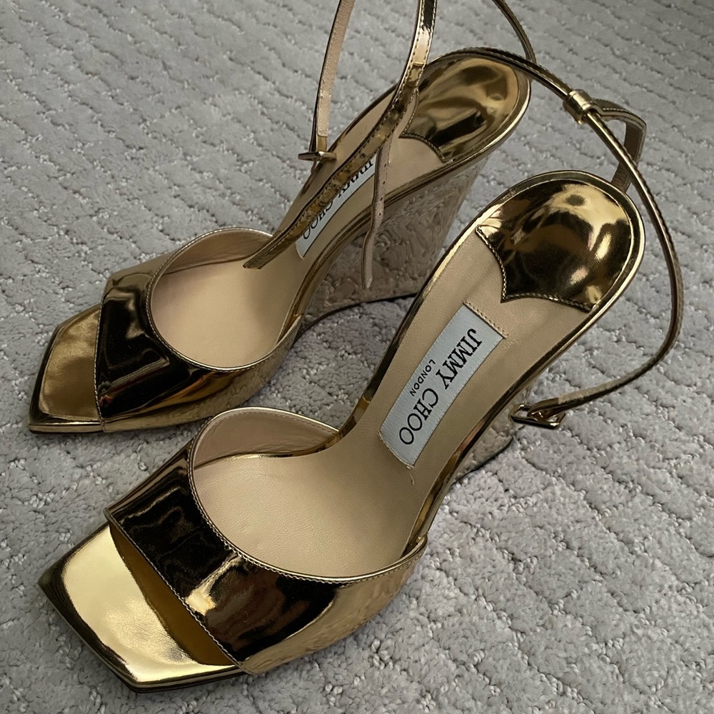 Jimmy Choo Brien 110 Liquid Gold Wedges